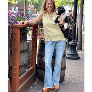 DRIFTWOOD Light Blue Flare Jeans with Floral Embroidery